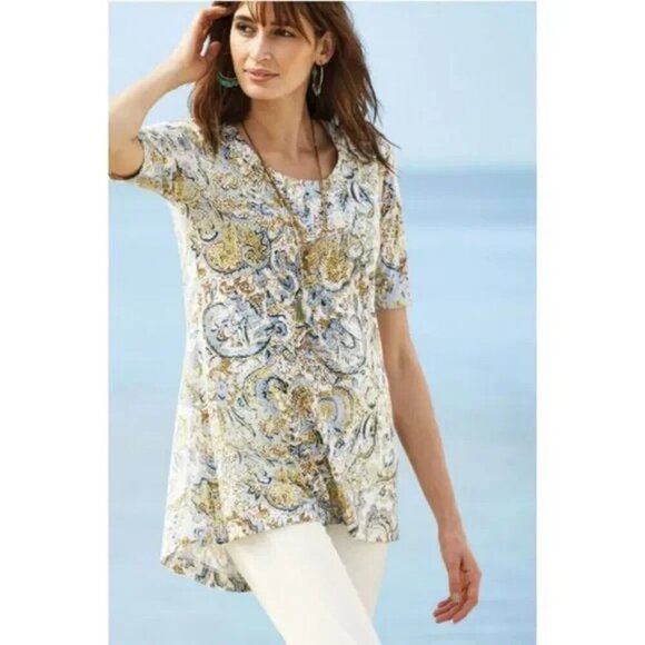 Peruvian Connection Trade Route Tunic Top Paisley Print 3/4 Sleeves Size Small - Picture 1 of 11